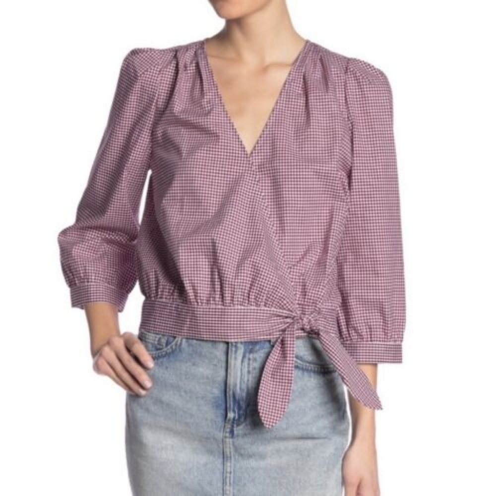 MADEWELL Burgundy Gingham Wrap Blouse/Top with 3/4 Sleeves - Picture 5 of 10